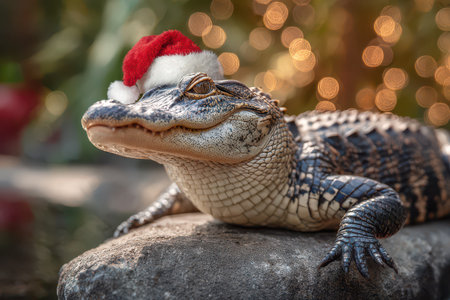 An alligator sits on a rock wearing a Santa hat embracing the festive spirit of New Year amid cheerful decorations in the background.の素材