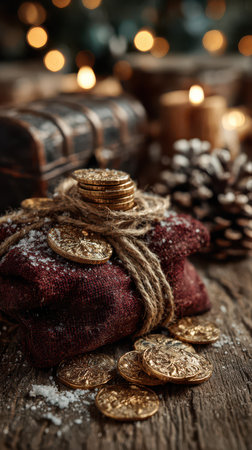 A rustic setting featuring a beautifully wrapped bundle adorned with golden coins surrounded by warm candlelight pinecones and an antique chest.の素材