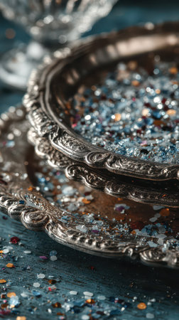 Decorative plates filled with colorful confetti sparkle on a rustic blue surface capturing the festive spirit of New Year celebrations.の素材