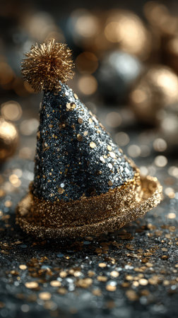 A glittering party hat sits on a sparkling surface surrounded by festive decorations. This scene captures the joyful spirit of New Year celebrations.の素材