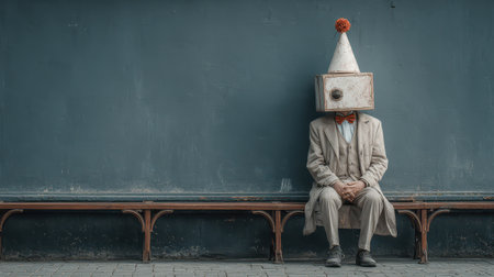 A man in a whimsical box hat sits quietly on a bench symbolizing a unique approach to New Year festivities. His attire adds to the unusual charm.の素材