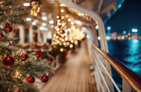 Twinkling lights and festive decorations create a joyful atmosphere on the cruise ship deck welcoming guests for Christmas and New Year festivities.の素材