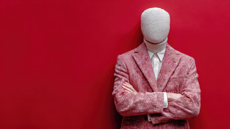 A quirky mannequin dressed in a stylish red suit poses in front of a bold red wall arms crossed and face covered creating a striking visual.の素材