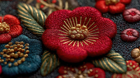 Intricate floral embroidery showcases rich colors and detailed stitching perfect for New Year celebrations and festive decorations.の素材