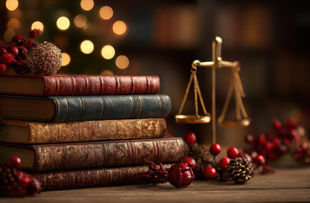 An elegant stack of law books adorned with Christmas decorations creates a warm and festive scene celebrating the spirit of New Year.の素材