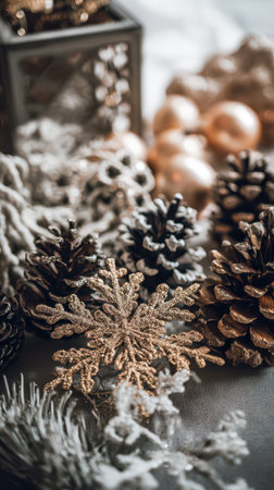 A collection of festive decorations featuring pinecones snowflakes and shimmering ornaments ready for New Year festivities in a cozy setting.の素材