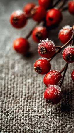 Bright red berries sprinkled with frost rest on textured fabric capturing the essence of winter and the spirit of the New Year celebration.の素材