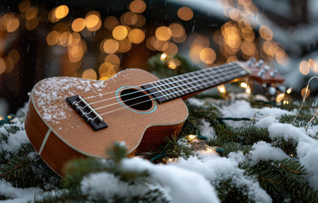 Close up of a ukulele surrounded by snow and Christmas lights creates a warm cheerful mood for New Year festivities inviting joy and music.の素材