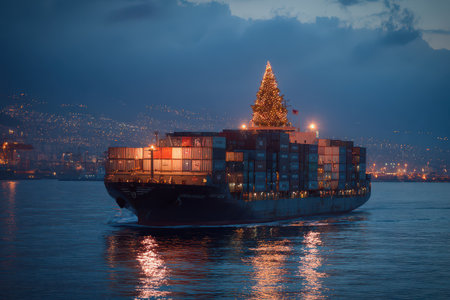 A vibrant container ship lights up the night as it approaches the shore with a towering Christmas tree on top celebrating the New Year spirit.の素材