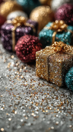 Colorful glittering gifts rest on a shiny surface creating a festive atmosphere perfect for welcoming the New Year with joy and excitement.の素材