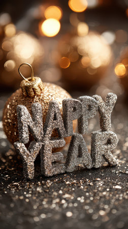 Glittering decorations set the scene for a joyful New Year celebration. Shiny ornaments shine bright with festive cheer all around.の素材
