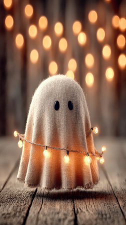 A charming ghost figure wrapped in soft fabric stands on a rustic wooden surface.の素材