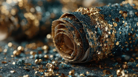 Shimmering rolls of glittery wrapping paper rest on a festive surface ready for New Year celebrations filled with joy and creativity.の素材