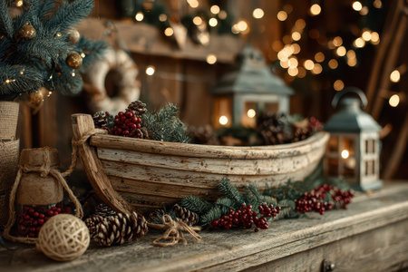 An old wooden boat is creatively decorated with seasonal greenery pinecones and ornaments set against a cozy backdrop of warm lights for New Year.の素材