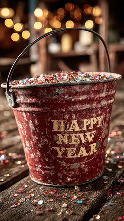 A vintage red bucket sits on a wooden table overflowing with vibrant confetti and decorations celebrating the arrival of the New Year.の素材