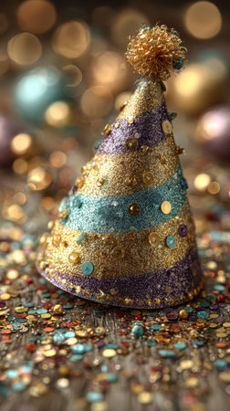 A vibrant party hat adorned with glitter and sequins rests on a table scattered with shimmering confetti. Perfect for welcoming the New Year.の素材