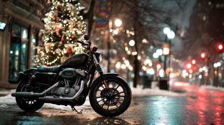 A sleek motorcycle stands in front of a beautifully decorated Christmas tree illuminated by festive lights on a snowy street.の素材