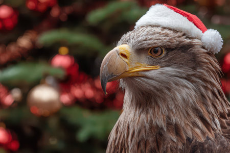 A majestic eagle sports a festive Santa hat while standing by a beautifully decorated Christmas tree.の素材