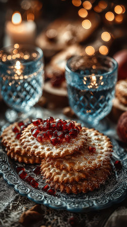 Delicious cookies topped with pomegranate seeds lit by candles and surrounded by festive New Year decorations.の素材