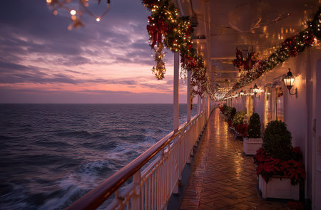 The cruise ship deck sparkles with festive lights creating a warm holiday vibe as the sun sets over the ocean.の素材