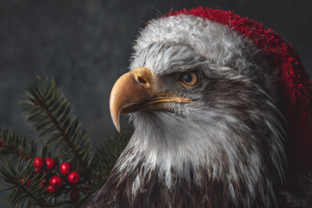 A regal eagle wearing a red Santa hat gazes thoughtfully. Surrounding it are lush pine branches and bright red berries capturing holiday spirit.の素材