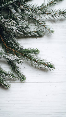 Fresh snowy pine branches rest on a white wooden surface creating a peaceful New Year vibe. Perfect for seasonal decor and festive moments.の素材