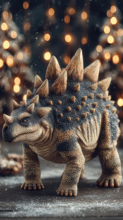 A charming dinosaur figure stands in front of sparkling lights. The festive scene brings joy and creativity to New Year celebrations.の素材