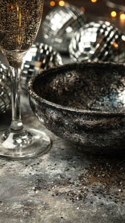 A stunning table showcases a sparkling glass of champagne a textured bowl and shimmering disco balls for New Years celebrations.の素材