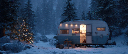 In a snowy forest setting a travel trailer sparkles with Christmas lights. Nearby a decorated tree brings festive cheer to the winter night.の素材