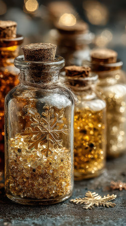 Delightful glass jars decorated with snowflakes hold shining ornaments. Perfect for celebrating the New Year in a cozy setting.の素材