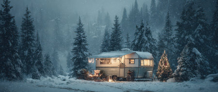 Festive lights adorn a travel trailer surrounded by snow covered trees. The winter scene captures the magic of the New Year season.の素材