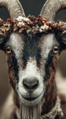 A goat adorned with a vibrant crown of flowers and foliage looks directly at the camera.の素材