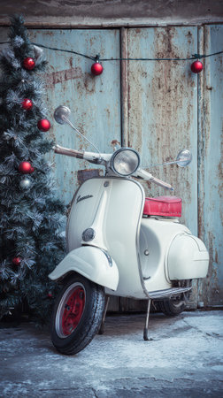 A vintage white scooter stands beside a snowy Christmas tree adorned with red ornaments. The rustic backdrop gives a festive vibe.の素材