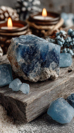 A serene New Year scene featuring calming blue stones on wood with flickering candles creating a peaceful atmosphere for reflection and celebration.の素材