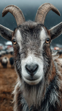 A striking view of a goat with majestic horns set against a snowy backdrop capturing the essence of winter and wildlife.の素材