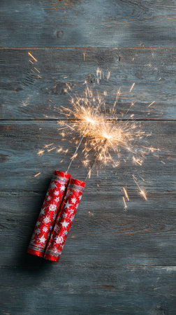 Bright sparklers burst to life against a rustic wooden background suggesting excitement for New Year festivities and joyful gatherings.の素材