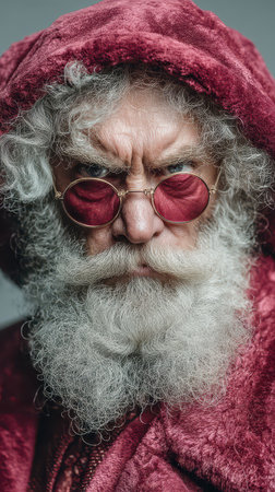 An elderly man in a red robe and bold sunglasses brings a fresh intense vibe to New Year celebrations leaving a lasting impression.の素材