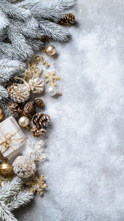 Festive decorations with snow pinecones and ornaments are arranged beautifully. The scene captures the spirit of New Year celebrations.の素材