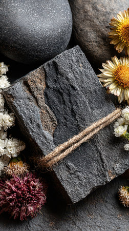 A rustic stone block tied with twine is surrounded by colorful flowers symbolizing renewal and beauty for the upcoming New Year.の素材