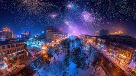 Fireworks burst vibrantly over a winter cityscape while trees glow with festive decorations welcoming the New Year spirit with joy.の素材