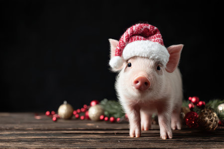 A playful pig wears a Santa Claus hat and stands on a wooden table surrounded by festive decorations for the New Year celebration.の素材