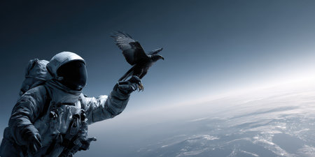 An astronaut gracefully holds a falcon in space celebrating New Year against a stunning backdrop of stars and Earth below.の素材