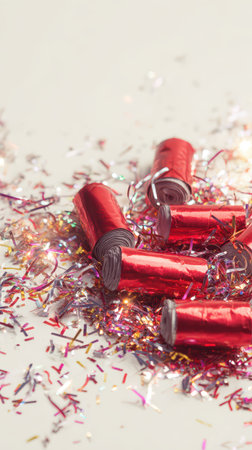 Colorful party streamers and confetti scattered on a surface create a joyful atmosphere for New Year celebrations inviting happiness and excitement.の素材