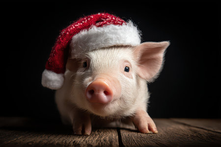 A small pig wearing a festive Santa hat enjoys the spirit of Christmas in a cozy setting spreading joy during the holiday season.の素材