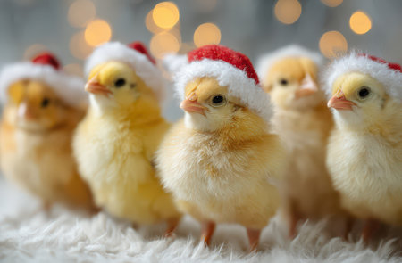 A group of adorable fluffy yellow chicks wearing Christmas hats is gathered together spreading joy and cheer for the New Year celebration.の素材