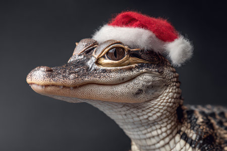 A playful alligator is wearing a red and white santa hat embracing the spirit of New Year celebrations with a charming expression.の素材