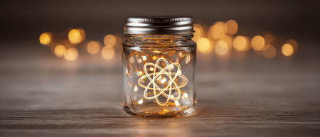 A glass jar holds a glowing atom surrounded by warm lights creating a festive atmosphere for a joyful New Year celebration.の素材