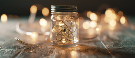 A glass jar holds a glowing atom surrounded by bright lights creating a festive atmosphere for New Year celebrations.の素材
