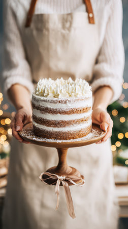 A person presents a beautifully decorated cake on a wooden stand ready for a festive New Year gathering with twinkling lights in the background.の素材