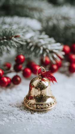 A shiny golden bell hangs delicately with a red ribbon surrounded by snow and festive red berries capturing the joy of the New Year celebration.の素材